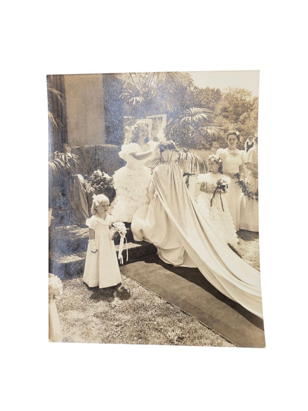 Vintage Sepia Wedding Photo Print 11x14" Bride Flower Girls Outdoor Ceremony